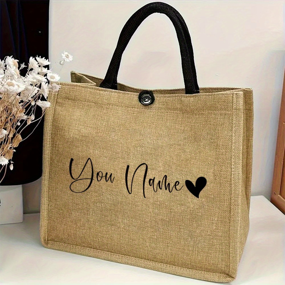 Linen Bag Bulk - パーソナライズされた名前入りリネントートバッグ、愛のプリントとハートシンボル付き、再利用可能なショッピングバッグ、丈夫なバックル開閉式、ビーチ、旅行、結婚式に最適