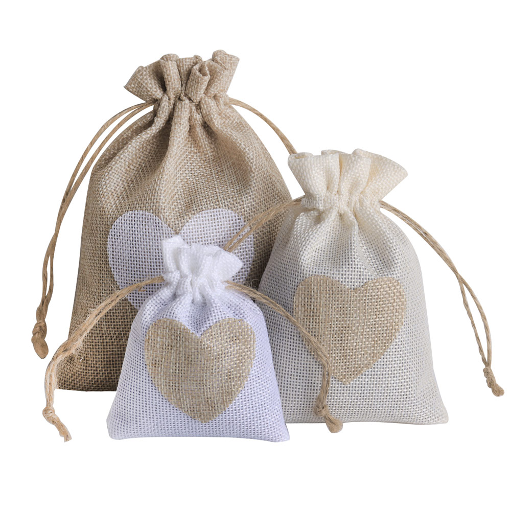 Linen Bag Bulk - 5 ピース/ロットハートリネンジュエリーバッグ巾着ポーチ装飾ポケットジュエリー包装クリスマスウェディングギフトバッグ