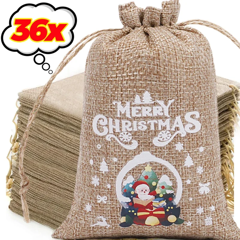 Linen Bag Bulk - クリスマスリネンバッグ、漫画サンタクロース、雪だるま、キャンディーギフト、巾着バッグ、クリスマスパーティーパッケージ、収納ポーチ、卸売