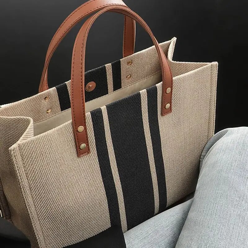 Linen Bag Bulk - 女性のための大容量キャンバストラベルバッグ、ストライプパターン、カジュアル、多機能、学生、学校、毎日のトート