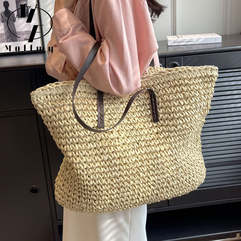 女性のための大きな編まれたストローバッグ,大容量のハンドバッ - Linen Bag Bulk のレビューと価格