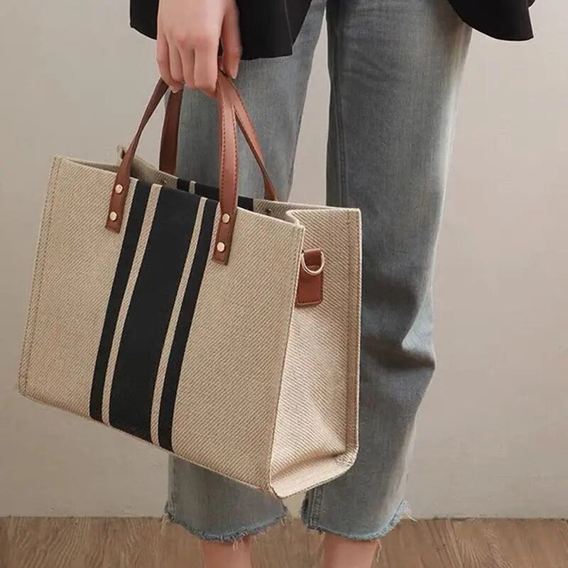 女性のための大容量キャンバストラベルバッグ、ストライプパター - Linen Bag Bulk のレビューと価格