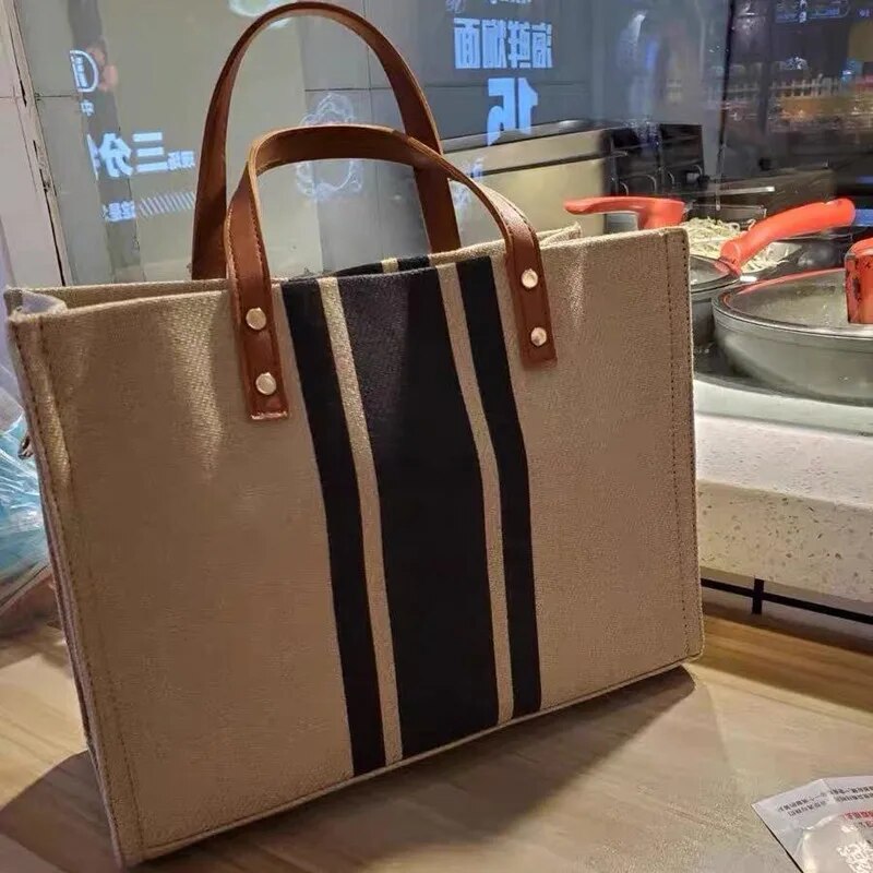 女性のための大容量キャンバストラベルバッグ、ストライプパター - Linen Bag Bulk のレビューと価格